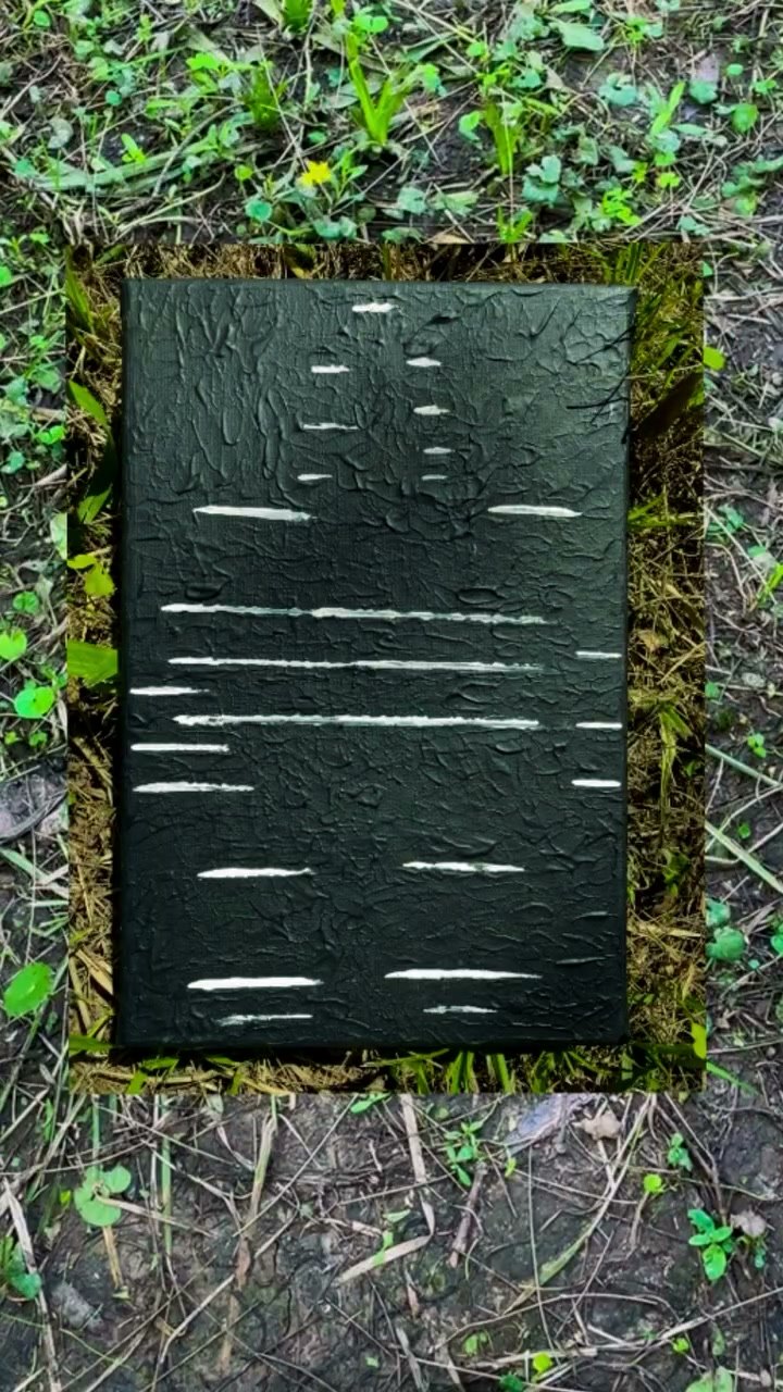 Panel negro con trazos horizontales blancos, apoyado sobre el pasto
